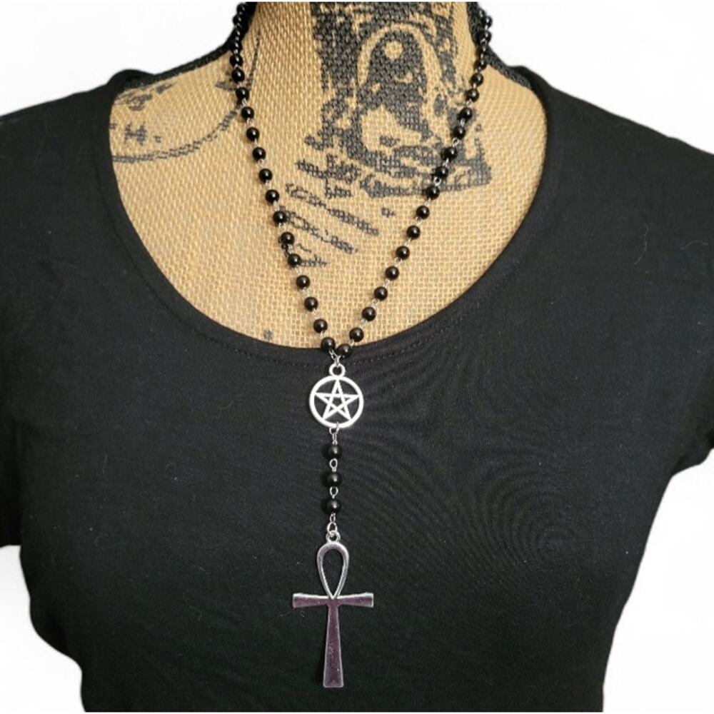 Black & silver pentagram ankh rosary style beaded lariat necklace